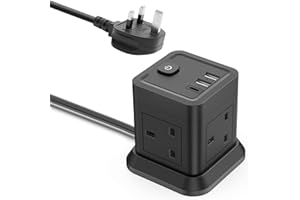 Cube Extension Lead with USB, 4 Way Power Strip with 3 USB Ports (5V/2.4A) BEVA UK Power Socket with Switch 1.5M Extension Cords for Home, Office, Travel, Dorm Room (Black)