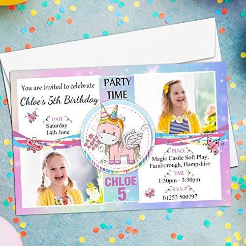 10 Personalised Rainbow Unicorn Birthday Party PHOTO Invitations N226-1st 2nd 3rd 5th 6th 8th ANY AGE