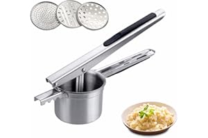 KENNOE gezahnt Kartoffelpresse aus Edelstahl, Griff mit rutschfestem Silikon Kartoffelstampfer mit 3 Lochscheiben, Erdäpfelpresse für Kartoffelpüree, Obstsäfte, Gemüsebrei(Gezahnte Kartoffelpresse)