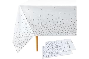Topeedy 2pcs White and Silver Tablecloth,137*274cm Christmas Plastic Silver Star Tablecloth for 6-8 Seater Large Dining Table, Disposable Waterproof Table Cover for Birthday Party Wedding Decoration