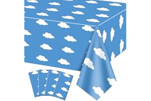 QUERICKY 4 Pack Blue Sky White Clouds Tablecloths, 137 x 274cm Blue Sky Table Cover Story Decorations for Kids Birthday Party, Baby Shower Party