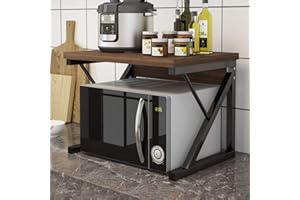 QIHANG-UK 2-Tier Microwave Oven Shelf Stand, Free Standing Baker's Rack, Over Microwave Shelf Unit, Kitchen Countertop Organizer, Kitchen Storage Shelf with Wood Top Metal Frame (Dark Oak)