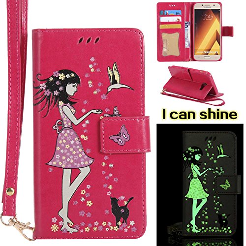 BoxTii Galaxy A5 2017 Case, Soft PU Leather Wallet Case, Glow at Night Cover with Free Tempered Glass Screen Protector for Samsung Galaxy A5 2017 (Rose Red)