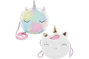 Wieat 2 Pcs Furry Unicorn Shoulder Bag Girls, Cute Round Rainbow/White Handbags Wallet Bag Crossbody Purse for Keys Cards Fluffy Unicorn Bag Adorable Princess Gift for Toddler Kids Teens Girls