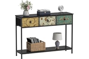 VEDECASA Stolik konsolowy, stolik pomocniczy z 3 szufladami materiałowymi, stół do przedpokoju z otwartymi półkami, stolik wejściowy, stolik do korytarza, salonu, sypialni, drewniany, metalowa rama