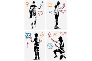 FINGERINSPIRE 4PCS Banksy Man with Doodel in Hat Painting Stencils 21x29.7cm Reusable Man with Doodle in Hat Stencils for Painting Large Street Graffiti Art Templates Banksy Theme Stencils