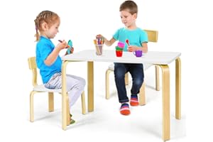 GIANTEX Juego de Mesa y 2 Sillas para Niños, Conjunto de Asientos de Madera para 3+ Años, Diseño de Esquinas Redondeadas, Muebles Infantil para Casa y Guardería (Blanco)
