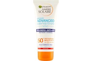 Garnier Ambre Solaire UV Crema Viso Anti-Età Advanced Sensitive, SPF 50+, Protezione Molto Alta, Arricchita con Acido Ialuronico, Maxi Formato, 100 ml