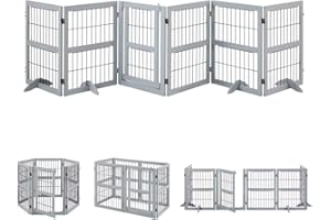 unipaws Extra Wide Dog Gate with Door, Freestanding 6 Panels Pet Gate, Wooden Pet Playpen 80cm High with Support Feet, Foldable Dog Barrier for Doorway Stairs, Grey