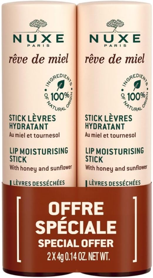 Nuxe Rêve de Miel Dudak Kremi, Nemlendirici Dudak Bakım Çubuğu, 2x4 g, Duo Set