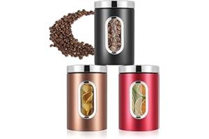 JOYBOY Barattoli Rotondi in Acciaio,Set da 3 Barattolo Rotondo in Acciaio,con Coperchio Ermetico e Grande Finestra di Visualizzazione,per la Conservazione di Farina,Zucchero,Caffè,Tè