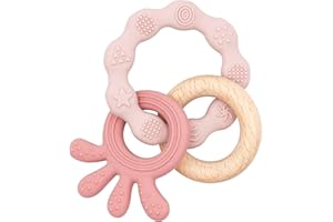 GOVVAY Anneau Dentition Bebe, Jouet Dentition Apaiser Les Gencives en Silicone et Bois sans BPA pour Bébé de 3 Mois Et Plus (Pieuvre Rose)
