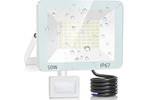 ANNIFUNLY Foco LED con Sensor de Movimiento, 50W Focos LED Exterior, 5000LM Súper Brillante Floodlight 6500K Blanco Frío, Foco Proyector LED IP67 Impermeable para Casa, Garaje, Patio, Terraza, Campo