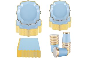 PHUNAT Vintage Party Porslin Set för 30 Gäster - Blå med Guld Papperstallrikar Blad Servetter & Glas - Klassisk Brittisk Stil