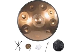 QWPDWA Harmonic 440HZ - Tamburo handpan in acciaio, 9/10/12 note, 56cm, design morbido, per sonoterapia, meditazione, yoga Gold 9 Notes