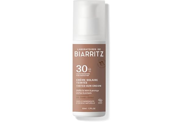 Laboratoires de Biarritz - Crème Solaire Visage Teintée Dorée - SPF30 - Certifiée Bio - Protection Anti-UVA/UVB et Lumière Bleue - 50 ml - Fabriquée en France