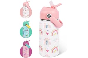 AMFUN Trinkflasche Kinder Edelstahl, 350ML Trinkflasch Kinder, Edelstahl Kinderflasche Auslaufsicher, Wasserflasche mit Strohhalm, Trinkflasche- Kleinkind Thermosflasche für Schule - BPA Frei