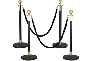 STORMSHOPPING 4PACK Stainless Steel Stanchion Post Queue 5 ft Black Velvet Ropes and Stanchion Poles Set Crowd Control Barriers with Fillable Base Used for Party Wedding Theaters Red Carpet - Black & Gold Color