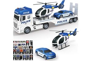 Mostop Police Truck Toy 25.6" Large Semi Truck with Racing Car and Helicopter, Kids Police Car Toys with Light & Sound, 28PCS Traffic Signs,Cars Toys Birthday Gift for Boys Girls Age 3 4 5 6 7 8
