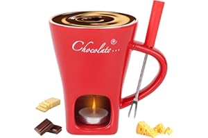 LASUROA Tazza da Fonduta Cioccolato Set, Ceramica Tazza per Sciogliere il Cioccolato con Forchetta e Scaldacandele per Dolci Dessert Perfetta Appuntamenti Romantici Compleanni e Regali di Nozze(Rosso)