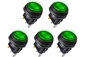 LINKSTYLE 5 Stück Kippschalter mit LED, 12V Rund EIN/AUS Schalter mit LED Licht SPST 20A Selbsthemmung Wippschalter für Auto KFZ Beleuchtet Boot Yacht RV Haushaltsgeräte, 20mm Grün