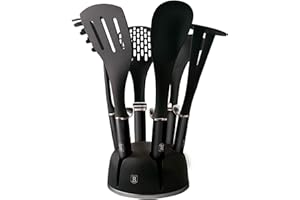 Berlinger Haus Carbon Pro Set Utensilios Cocina de Nylon 6 Piezas + Soporte Giratorio 360°, Antiadherentes Libre de BPA,Diseño Metallic Line, Gris