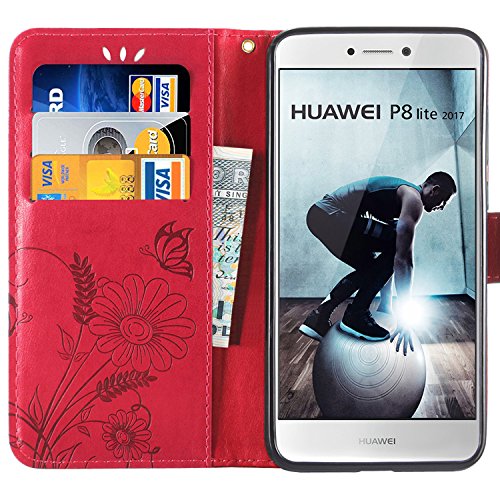 Cover Huawei P8 Lite 2017, kazineer Cover P8 Lite 2017 Flip Caso in pelle Modello Fiore Portafoglio Custodia per Huawei P8 Lite 2017 (Rosa Rossa)