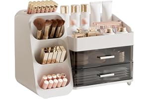 FoiiLiio Make Up Kosmetik Organizer mit 2 Schubladen, Multifunktion Schminktisch Organizer, Einfache Aufbewahrung für Pinsel Lippenstift Skincare für Schminktisch, Bad und Schlafzimmer(Weiß)