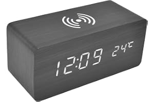 Ejoyous Digital Väckarklocka LED Elektronisk Väckarklocka PVC Valnöt 16,1 X 7 X 6,9 Cm med Trådlös Laddning 3 Larm Automatisk