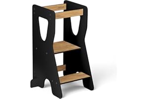 COSYLAND Torre de Aprendizaje Montessori de Madera – Altura Ajustable en 3 Niveles – para Niños Desde 18 Meses – con Barandillas de Seguridad – Estable y Fácil de Montar – Natural y Negro, Forma R