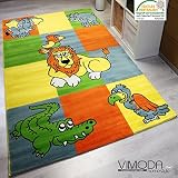 VIMODA Kinderteppich Modern Zoo Kinder Teppich Löwe Krokodil in Bunte Farben - Maße: 80x150 cm - Sortiertes Modell