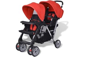 Susany Geschwisterwagen mit 2 klappbare Verdecke Kinderwagen Babywagen Buggy Zwillingswagen Zwillingsbuggy Kleinkinder-Wagen Stahl Rot und Schwarz