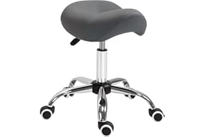 HOMCOM Tabouret à roulettes, Tabouret de Massage avec Hauteur réglable 49-61 cm et Selle Ergonomique, Chaise de Travail à roulettes pivotant 360°, pour Salon de Massage, Tatouage, Clinique, Spa, Gris