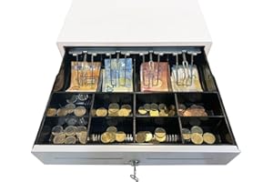 GEON Tiroir Caisse Enregistreuse à Monnaie et Billets 41x41 - Ouverture Automatique RJ11 et Manuelle avec Clés - 4 Compartiments de Billets et 8 de Pièces - Restaurant Supermarché Petits Commerces - Blanc