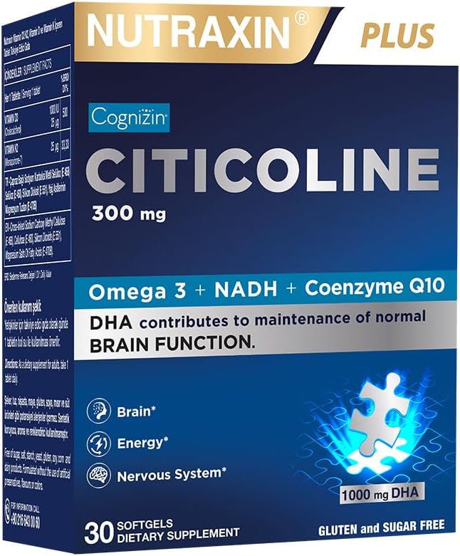 Nutraxin Citicoline 300 mg (Cognizin) – Omega-3 (EPA & DHA), Koenzim Q10, NADH, B6 & B12 İçeren Takviye – 30 Softgel