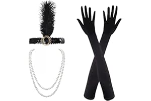 MIVAIUN Lot de 4 accessoires années 1920 - Accessoires Gatsby le Magnifique - Bandeau, long gants noirs - Collier Charleston - Déguisement vintage pour femme