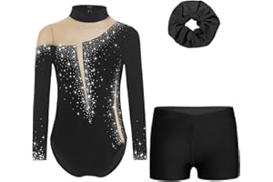 ranrann Enfant Fille Ensemble de Gymnastique Justaucorps Strass et Short avec Chouchou Tenue Patinage Artistique Danse