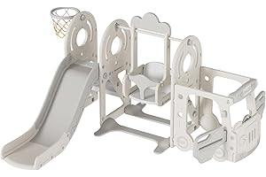 MAGIC ZC Baby Rutsche und Schaukel Set Freistehende Rutsche Kleinkind Kletter Schaukel Set Kleinkind Spielplatz Spiel Set Indoor Outdoor Lange Rutsche Babyspielplatz Activity Center (Bus-Grey White)