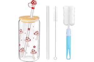 QITIXI:OU Gobelet en verre avec couvercle et paille - 500 ml - Tasse à café glacé aux champignons rose - Pour café glacé, smoothie, matcha, cocktail, pour sœur, petite amie, anniversaire de mariage