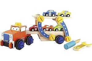 Leomark Drewniana laweta samochodowa z 5 samochodami - Wesoły Romek - samochód holowniczy dla dzieci, klocki z śrubokrętem i kluczem płaskim, przyczepa z ruchomą rampą do ładowania