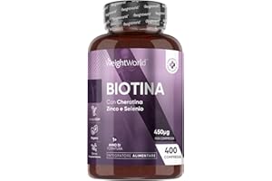 WEIGHTWORLD Biotina Cheratina e Zinco, 400 Microcompresse Vegane (13+ Mesi), 450μg Ciascuna, 1 Compressa al Giorno, con Vitamina B7 e Selenio, La Biotina Contribuisce al Mantenimento dei Capelli Normali (EFSA)