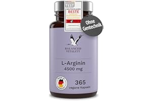 ‎BALANCED VITALITY L-Arginin - 365 vegane Kapseln - 4500mg pflanzliches L-Arginin HCL je Tagesdosis - 2 Monate - Ohne Zusatzstoffe - Laborgeprüft - Balanced Vitality