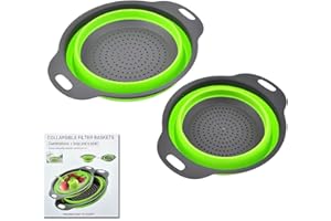 lomonmen 2 pezzi Scolapasta Pieghevole in Silicone Kits, Cucina Cestello di Drenaggio Pieghevole in Silicone, Scolapasta Plastica e Kitchen Food Filters per scolare pasta, frutta, verdure (Verde)