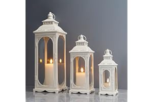 TRIROCKS Set de 3 Faroles Vintage 26/35/50 cm Altos, Soportes Decorativos de Vela con Vidrio Templado para Sala, Jardín, Patio y Eventos (Blanco Crema)