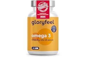 GLORYFEEL Omega 3 Olio di Pesce 400 Capsule Eletto PRODOTTO DELL'ANNO 2025 (1 anno), Softgel Omega-3, 1000mg Alto Dosaggio, Vista, Cuore, Cervello, 180mg EPA & 120mg DHA, Integratore Fish Oil