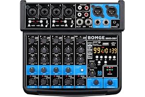 BOMGE 6-kanals mini DJ ljudmixerkonsol med USB-gränssnitt, Bluetooth, stereoinspelning, 48 V Phantom Power, 99 DSP-effekter för karaoke, sång, live, streaming, PC-inspelning.