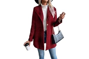 IDEALSANXUN Blazer largo de lana a cuadros para mujer, trajes de otoño e invierno, gabardina de manga larga, casual, elegante, chaqueta con solapa