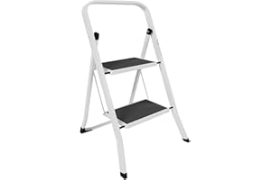 Home Vida 2 Step Ladder - Heavy Duty Steel Folding Ladder with Slip-Resistant and Wide Steps, Folding Mechanism, 150kg Max Load, Home/Kitchen/DIY/Garden Use, White