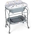 GYMAX Folding Baby Changing Table with Bathtub, Portable Newborn Bath Table and Dresser Unit with PVC Pad, Storage Tray and Wheels, Infant Diaper Changing Station (Grey)
