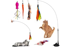 AUTOAU Giochi con Piume per Gatto,Giochi per Gatti,Giochi con Piume per Gatti con Campana e Ventosa,con 5 Piume di Ricambio,Topini per Gatti,Gioco Gatto Piume Giocattoli per Gatti e Gattini Attivi